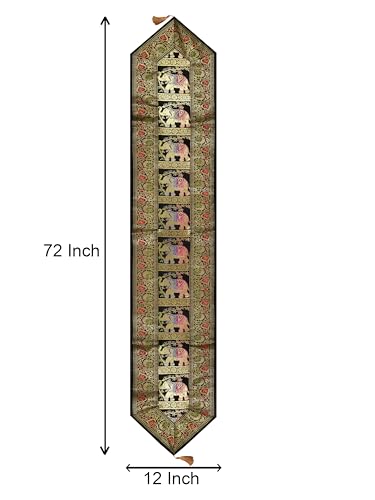 Image of Banarasi Brocade Zari Silk Table Runner Dinning & Centre Table Runner 177 By 30 CM (Black, Elephant)
