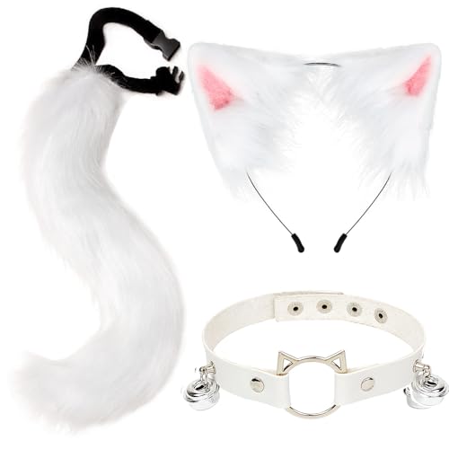 ZDQC Kunstpelz Fuchsschwanz,Katze Flauschiger Schwanz und Leder Halskette Set,Flauschige Katzenohren,Flauschige Fuchs Accessoire,Halloween Party...