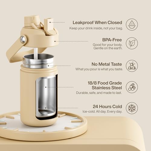 Image of Kids Insulated Water Bottle with Straw - 12oz Stainless Steel Water Bottle with Dual Spouts, Leak-Proof, BPA-Free, Double Wall Vacuum Keeps Cold for 24 Hours for Sports, Travel, School (Indian Khaki)