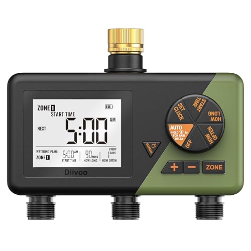 Diivoo Brass 3 Zone Sprinkler Timer Programmable Hose Timers for Watering 3 Outlet with Large Display Rain Delay & Manual Mode for Outdoor Automatic Irrigation of Garden Lawn Yard