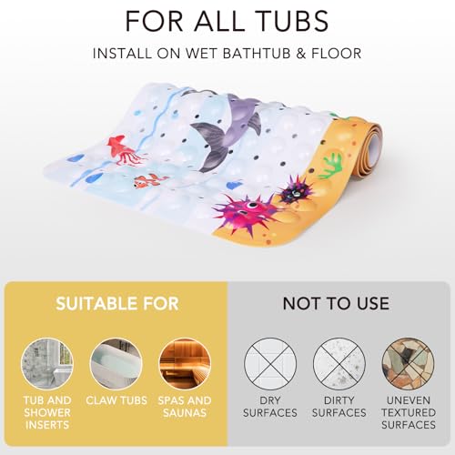 Image of PRATIQUE Kids Bath Mat for Tub Non Slip,40 X 16 Inch Extra Long Kids Bathtub Mat Ocean Bathtub Shower Mat Safety Anti Slip with Suction Cups and Drain Holes, Machine Washable(Shark)