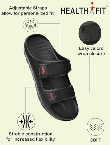 Image of HEALTH FIT Extra Soft Premium Classic Cushion Sliders /Slipper footbed with Double Adjustable Strap Comfortable Light Weight Anti-Skid Waterproof Stylish Flip Flops for Men's HF153