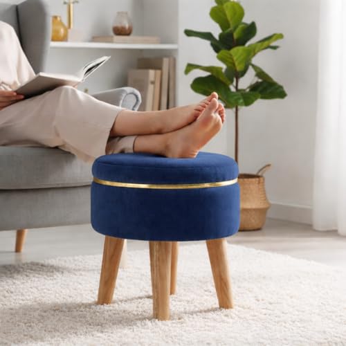 Image of Ottoman Stool for Living Room Foot Rest | Velvet Small Ottoman Foot Stool | Solid Wood Legs | Footstool Puffy for Home, Bedroom & Makeup Table | 30 x 30 cm (12 x 12 Inch) | Royal Blue