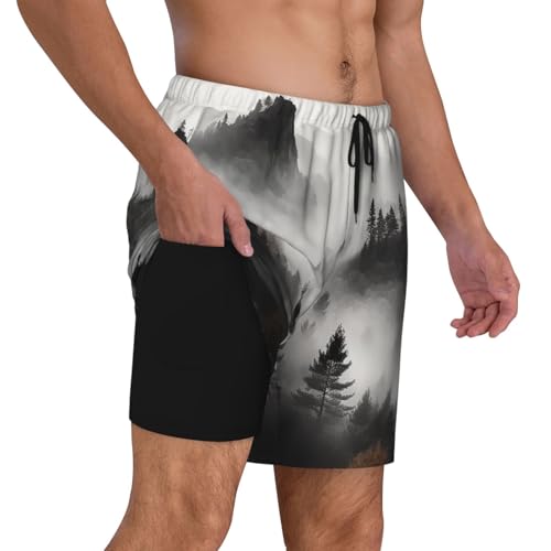 Men's Swim Trunks Quick Dry Board Shorts Foggy Mountains Forest Beach Shorts with Pocket Bathing Suits for Men2