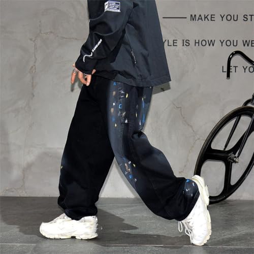 Men’S Hip Hop Hand-Painted Splash Baggy Straight Pants Button Fly Midweight Distressed Skateboard Full Length Jeans3