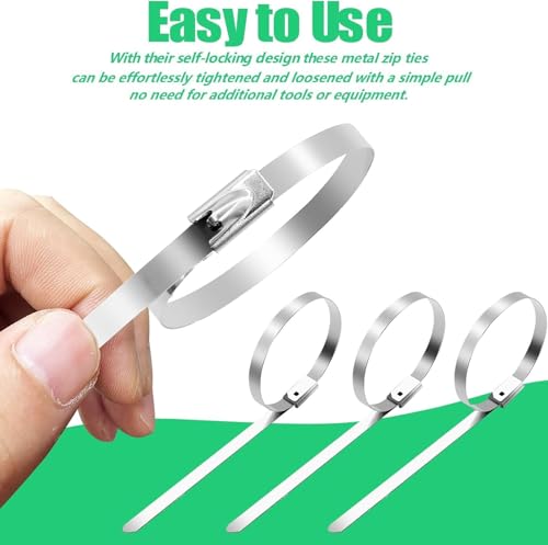 Image of Metal Cable Zip Ties 12 Inch Heavy Duty Stainless Steel Self-Locking Cable Ties for Machinery, Vehicles, Farms, Pipes, Roofs, Cables & Outdoor Applications (50)