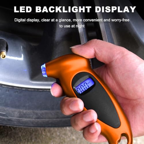 Image of KVAEY Digital Tire Pressure Gauge, 150 PSI 4 Settings Accurate Tire Gauge with Non-Slip Grip, Backlight LCD Tire Pressure Gauge Reader Checker Tool for Car Truck Bicycle Motorcycle (Orange)