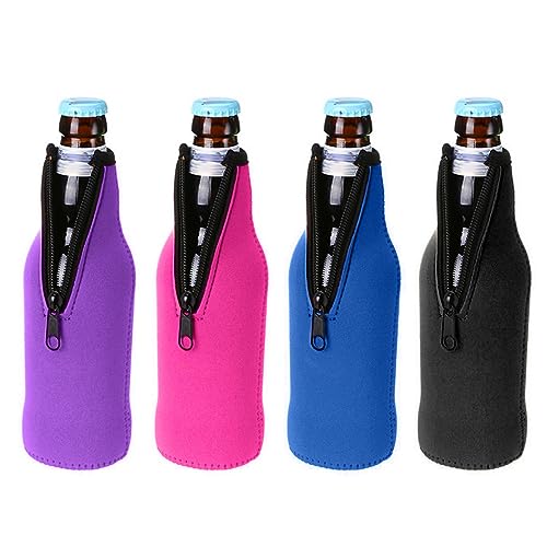 4 Pieces Wine Bottle Cooler, Collapsible Beer Bottle Sleeves, Rubber Insulated Sleeves, Zippered Beer Bottle Holder for Beer, Drinks (Black, Blue, Rose Red, Purple)