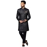 KISAH Men's Sherwani Set with Trouser – Embellished Silk Blend Jacquard Ethnic Set with Mandarin Collar...