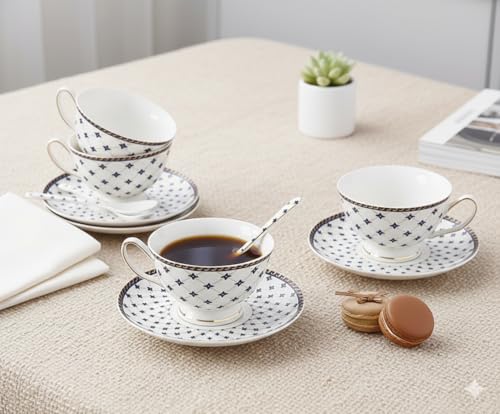 Image of Tableware Bone China White Black Cups and Saucer with Golden Rim, 180 ml Tea Cup Set of 6 Cup and Saucer Set for Tea Milk & Coffee Chai, Tea Cup Set Coffee Cups