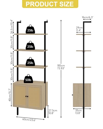 Yusong 73" Tall Bookshelf with Cabinet, Industrial Ladder Wall Mount Shelf Rattan Bookcase with Wood and Metal Frame, Plant Shelf Wall Storage Display for Living Room Bedroom,Light Ivory Brown - Image 4