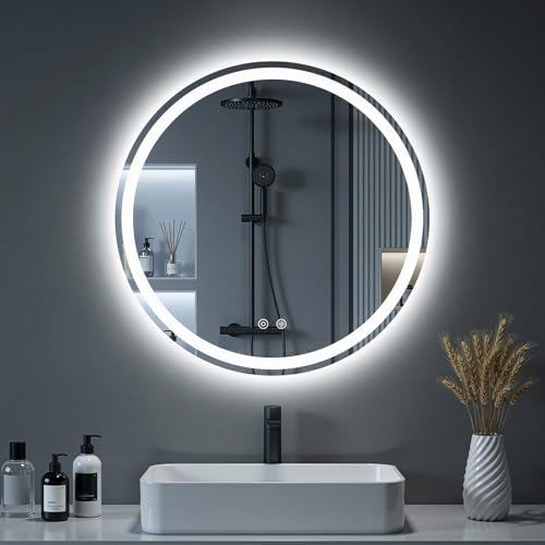 Image of NEWBULIG 28'' Round LED Bathroom Mirror with Lights, Circle Vanity Mirror | Anti-Fog, Dimmable, 3-Color Light, Front Light and Backlit, Memory Function, Tempered Glass