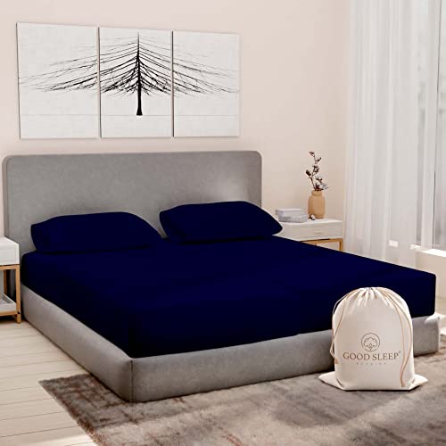 Image of Good Sleep Bedding Split King Sheets for Adjustable Bed, 5 Piece, 100% Egyptian Cotton Sheet & Pillowcase Sets, Sateen Weave, Ultra-Soft, 16 inch Deep Pocket Adjustable Bed Sheets - Navy Blue