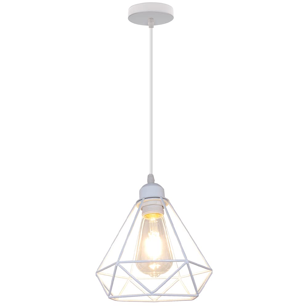 Lampara Colgante Vintage Industrial Lámpara de Techo Colgante E27 Retro Luces Iluminación Forma de Diamante Ø205mm Blanco Para Cocina Comedor Sala de estar (Blanco-A)