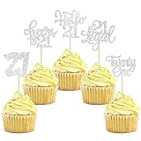 Gyufise 30Pcs 21st Birthday Cupcake Toppers - 24 Assorted Designs - Silver Glitter - Image 1