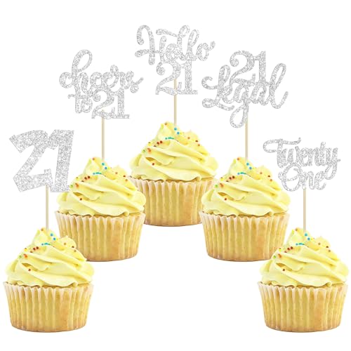 Gyufise 30Pcs 21st Birthday Cupcake Toppers - 24 Assorted Designs - Silver Glitter