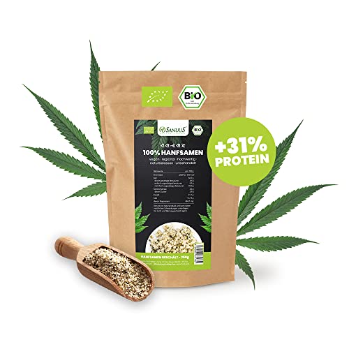 SANUUS Bio Hanfsamen geschält 250g - Bio Hanfsamen naturbelassen, vegan Superfood Deutschland High Protein mit Vitaminen & Omega-3 Fettsäuren für Proteinshakes, Porridge & Gebäck ohne Zusatzstoffe Cover