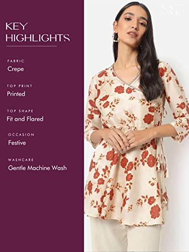 Image of SAAKI by Samantha Ruth Prabhu Floral Printed Tunic | Silk Blend Beige Floral Print Tunic for Women, Work Wear (Beige, Pack of 1)