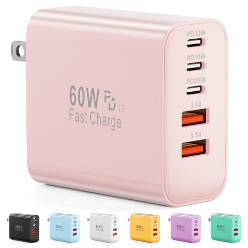 Image of USB C Charger Block, 60W 5-Port Type C Charger Fast Charging Blocks | USBC Multiple Port Wall Charger Plug for iPhone 17 /16 /15 /14 /13 /12 /11 Pro Max, Samsung Galaxy, Android Phone, iPad, Pink