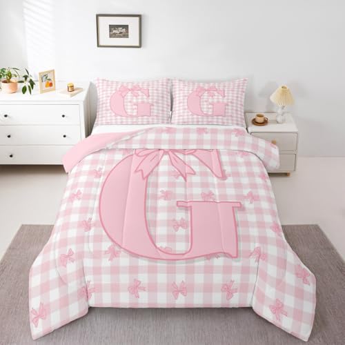 jejeloiu Pink Bow Kids Comforter Set Full Size Initial Letter