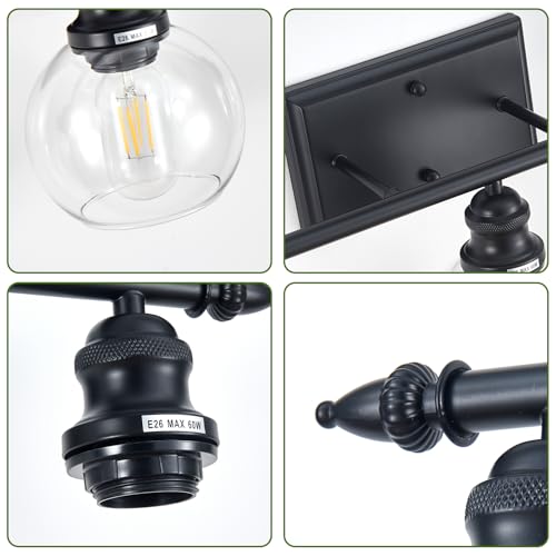 Image of 3-Light Bathroom Light Fixtures Matte Black Vanity Light Over Mirror Modern Vanity Lighting with Clear Glass Globe Vintage Wall Sconce for Kitchen Living Room Hallway Bedroom