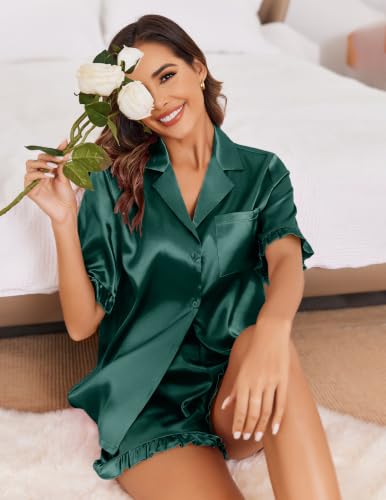 Image of Ekouaer Satin Pajama Set for Women 2 Piece Pj Sets Short Sleeve Sleepwear