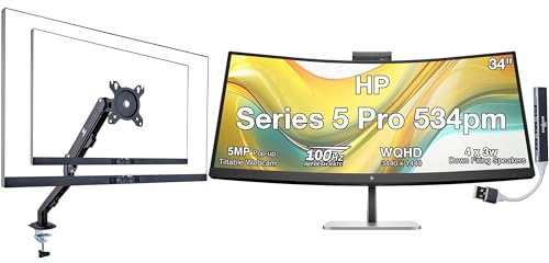 Image of HP Series 5 Pro 534pm 34 inch WQHD USB-C Monitor, Webcam, Speakers, VESA | 5MP Pop-up Webcam, Speakers, AI Noise Reduction, Height Adj, 1 Pack w /DKZ Hub & ErgoFlexy Single Mount Arm