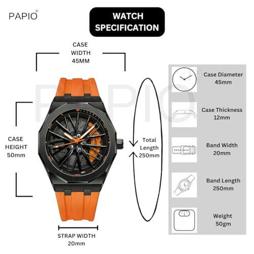 Image of PAPIO Men's Sports Analog Watch with Wheel Design Dial | Metal Case | Silicone Strap | Stylish Casual Watch for Men