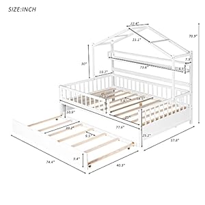   Bellemave-Full-Size-House-Bed-with-Trundle-and-Storage-Shelves-Kids-Montessori-Bed-with-Fence-Rails-Wood-Playhouse-Tent-Bed-Frame-for-Girls-Boys-White