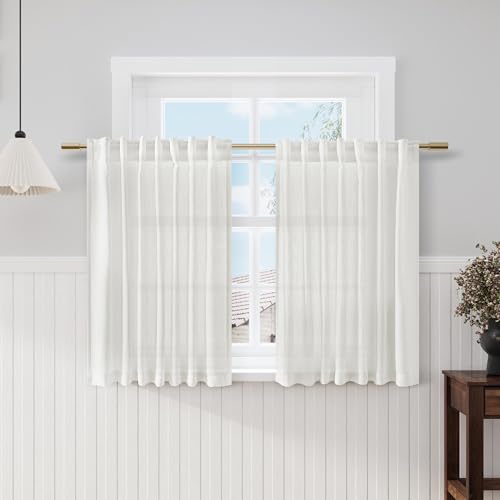 Image of Nanspring Off White Kitchen Curtains 36 Inch Length Set 2 Panel Back Tab Pocket Semi Sheer Short Linen White Curtain Tiers for Small Bathroom Window Basement 52x36