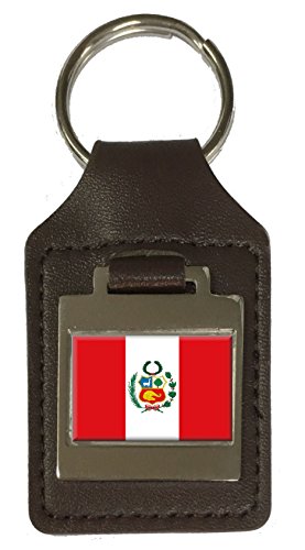 Porte-clés en cuir gravé drapeau du Pérou pendentif de sac marron