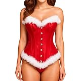MOBJVIY Womens Corset Top Off Shoulder Costume Fuzzy Trim Bodyshaper Red Bustier Top Christmas Outfits (Red, XL)