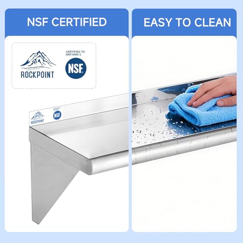 rockpoint stainless steel shelf 12 x 48 inches 350lb 2 pack nsf commercial wall mount floating shelving with backsplash for restaurant kitchen home and hotel silver