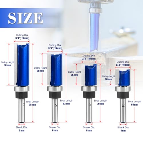 NICAVKIT 4 Stück Bündigfräser 8 mm Schaft,Arbeitslänge 20/25/38/50 mm Kopierfräser,Kanten Kopierfräser mit Kugellager Bündigfräser Set Holz Fräser Router Bit