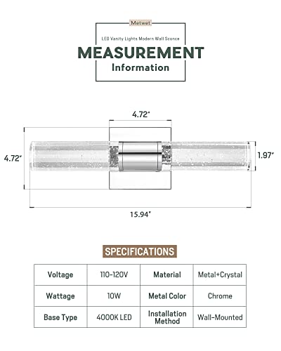 Metwet Bathroom Light Fixtures, Chrome Led Vanity Light In Bubble Glass Indoor Wall Sconce, Modern 9W 4000K Crystal Wall Lights For Bathroom, Bedroom, Hallway, Vl601-Ch #TOP4