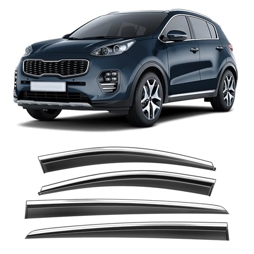 Image of Shatterproof Taped-On Window Deflectors for Kia Sportage 2017-2022 with Chrome Trim, Rain Guards, Window Visors for Car, Vent Deflector, 4pcs