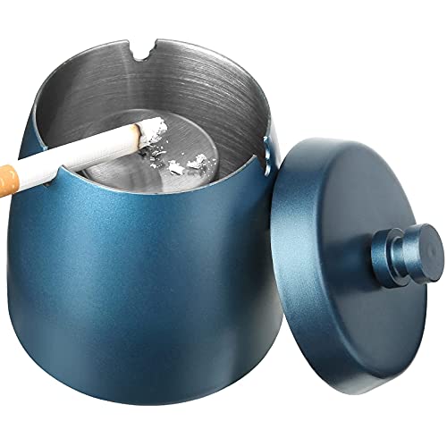 Cenicero con tapa, cenicero de acero inoxidable para exteriores e interiores, cenicero grande a prueba de viento, portátil, cenicero azul para restos de cigarrillos y cenizas en jardín, bar u oficina Cover