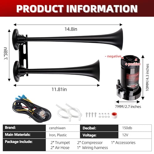 Image of Dual 2-Trumpet Metal Air Horn for truck Kit with 2 air Compressors,12V 150dB Ultra Loud impact train car horn is suitable for pickup /SUV /moto and other vehicles (Black)