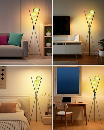 Image of Lightdot Dimmable Black Tripod Floor Lamp, Mid Century Standing Lamps with 3 Globe Green Glass Lampshade& Bulb Included, 3000K Bulbs Included Modern Tall Lamp for Living Room /Sofa Beside /Corner Decor
