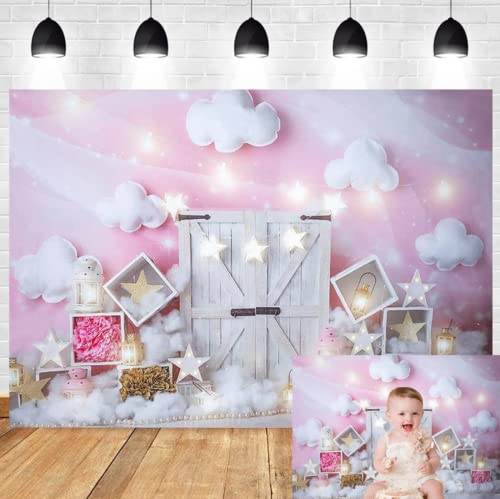 Sweet Pink And White Cloud Photo Studio Backdrop Girl First Birthday Baby Shower Party Decorations Twinkle Twinkle Little Stars Portrait Photography Background For Cake Smash,7X5Ft #TOP1