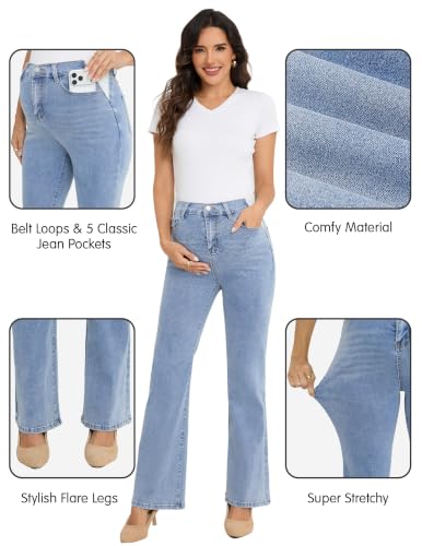 Image of PACBREEZE Women's Maternity Flare Jeans Mid-Rise Stretchy Bell Bootcut Jeans Denim Pregnancy Pants, S-XXL