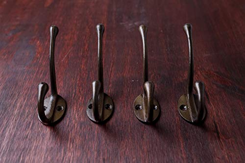 Vintage Cast Iron Wall Hooks (Antique Brass Finish, Set Of 4) - Rustic, Farmhouse Coat Hooks | Great For Coats, Bags, Towels, Hats | Classic Slender #TOP2