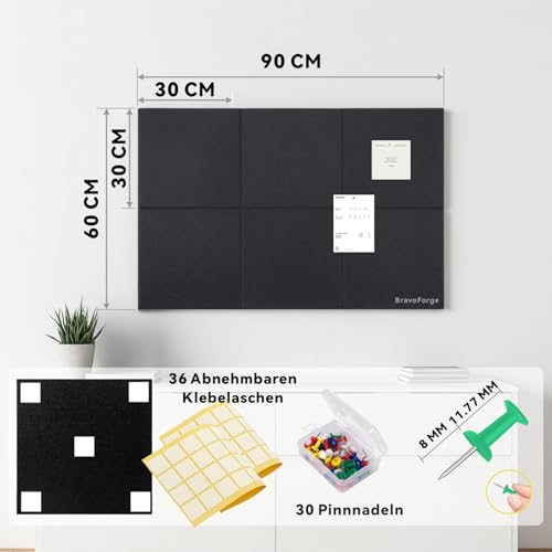 BravoForge Groß Pinnwand Filz, 6 Stück 30 x 30 cm Schwarze Filzwand mit 30 Stecknadeln und 36 Sichere Abnehmbaren Klebetabs, Korkwand-Alternativen für Wand, Haus, Büro, Schule, Fotos Memos (Schwarze)