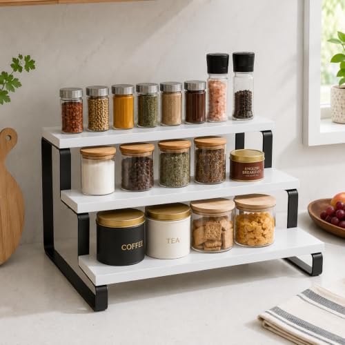 Image of 3 Tier Wooden Spice Rack, White, 35 x 24 x 15 cm