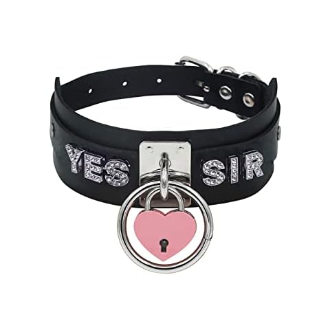 paloli Black Heart Padlock O-ring Choker Necklace for Women, Punk Gothic Letter Leather Collar Pink padlock Cosplay Jewelries, Leather, Rhinestone Cover