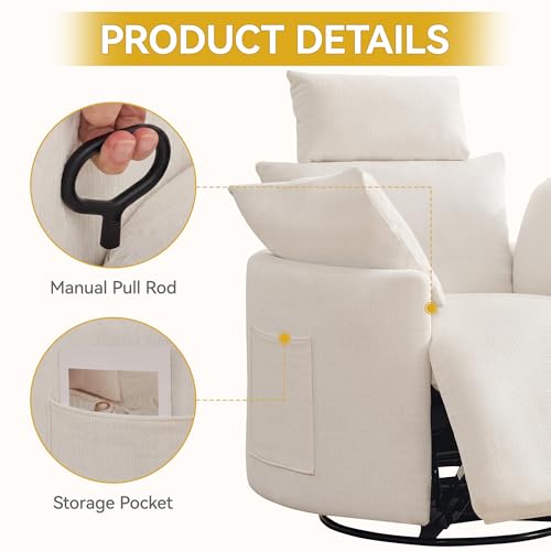 Image of Manual Rocking Chair Nursery, 360 Swivel Recliner Chair with Side Pocket, Glider Reclining Chair for Adults Small Space, Barrel Recliners with 2 Pillows for Living Room, Chenille White