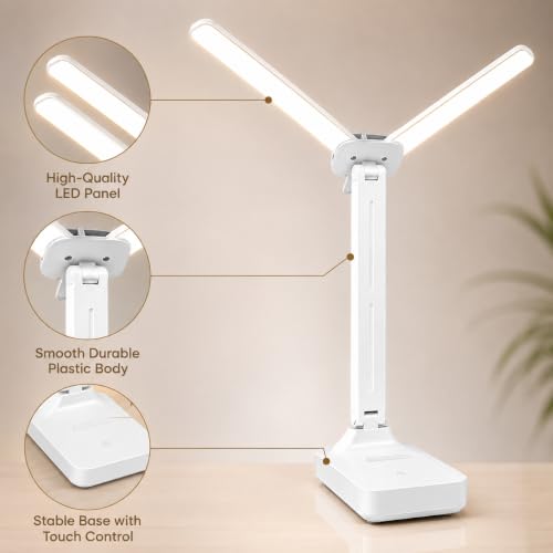 Image of One94Store Dual Head Rechargeable LED Table Lamp | 4.8W Power | 1200mAh Battery | Touch Control Dimmable Desk Light with Multiple Color Modes | USB Type-C Charging | 25.5 cm | White