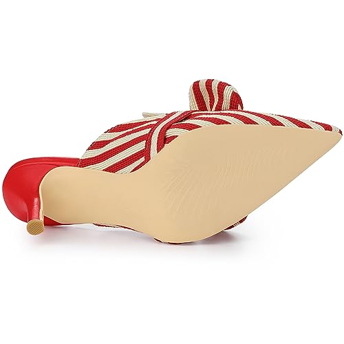 Allegra K Allegra K Women's Stripe Bow Slip on Stiletto Heel Red Slides Mules 8 M US
