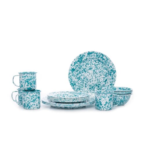 Enamelware Starter Set, 16 piece, Turquoise/White Splatter