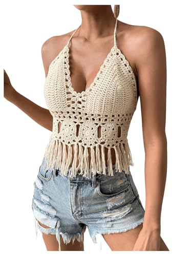 SOLY HUX Women's Crochet Tops Summer Sexy Knitted V Neck Sleeveless Camisole Halter Fringe Crop Top3